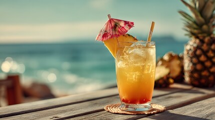 Obraz premium Tropical cocktail on beach with ocean view