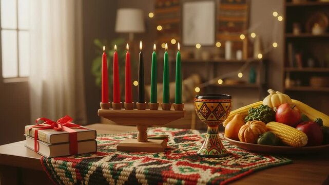 Kwanzaa celebration table with Kinara and Mazao. Traditional holiday setup with lit candles, unity cup, and harvest fruits in a cozy home interior.