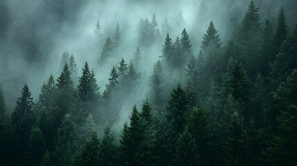 A dense forest shrouded in a misty atmosphere.