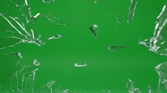 Realistic 4K video of glass shattering and exploding outwards with sharp shards flying in slow motion against a green screen for chroma keying.