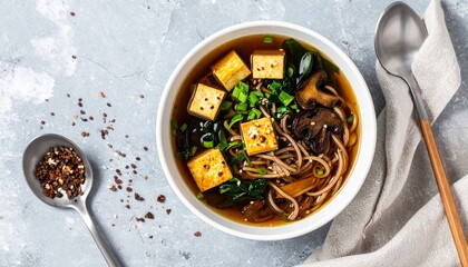 miso and soba noodle soup with roasted tofu and mushrooms. top view 