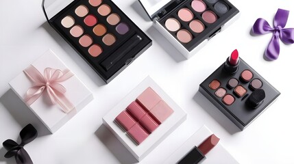Elegant makeup gift sets and cosmetics displayed on pristine white surface for beauty influencers and product demos