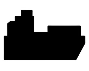 Black Silhouette of Cargo Ship on White Background with Detailed Superstructure
