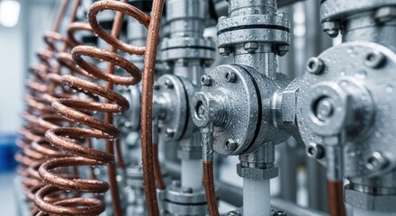 Wet industrial pipes and valves, copper tubing with water droplets, stainless steel fittings and connections for plumbing or manufacturing systems