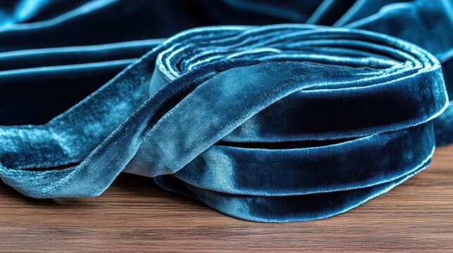Exquisite close-up of coiled teal velvet ribbon showcases its texture and sheen perfect for craft
