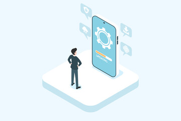 Isometric vector showing a man waiting for a smartphone system update with a loading bar. Great for illustrating technology upgrades, software maintenance, and app development.