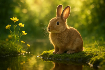 Obraz premium Adorable Brown Rabbit Sitting by Water in Green Meadow
