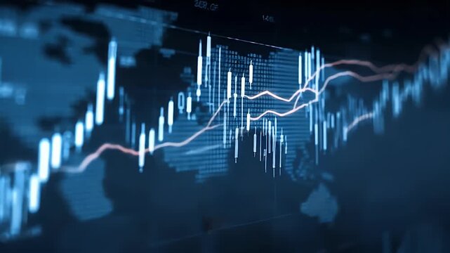 
A stock market graph with an upward trend on a dark blue background, in a flat illustration style, with glowing lines and a sense of technology