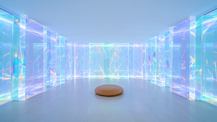 Abstract Minimalist Room with Colorful Reflections and Soft Seating