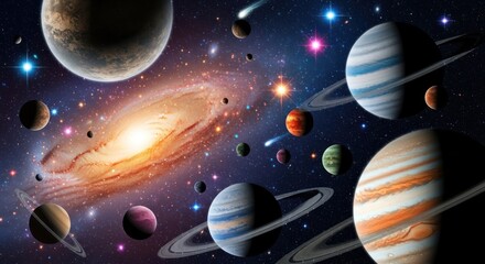 Colorful Planets and Galaxy in Deep Space, Stars and Comets, Science Fiction and Exploration of the Universe