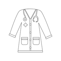 Doctor Coat Line Icon – Vector Illustration on White Background. Minimal outline design representing medical uniform, healthcare professionals, and hospital attire.