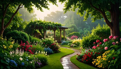 Idyllic garden in the rain