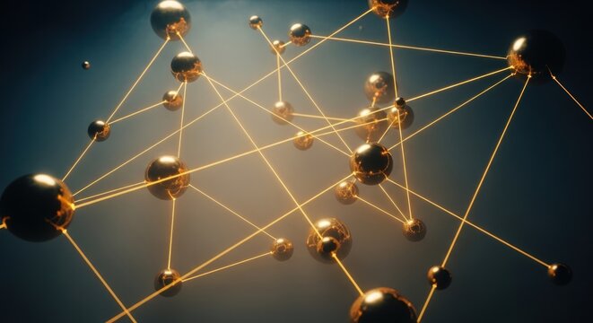 Network with Golden Spheres Connected by Lines, Representing Global Connection, Data Transmission