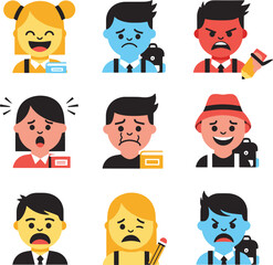 A collection of flat icons of various students' faces and emotional states, including happy, sad, angry, surprised, confused, and embarrassed