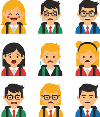 
A collection of flat-style portraits of nine students in school uniforms, each displaying a different emotion and expression, including happy, crying, angry, shocked, sad, bored, annoyed, indifferent