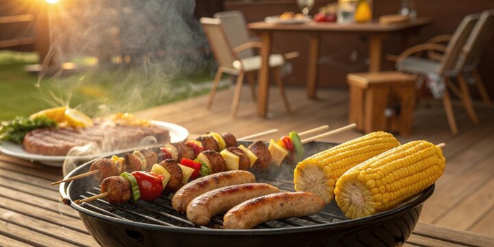 Delicious summer barbecue feast with grilled corn and skewers