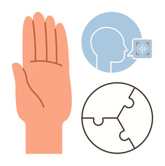Open hand gesture, head with speech recognition icon, interlocking puzzle pieces. Ideal for communication, inclusivity, collaboration, problem-solving, accessibility teamwork simplicity. A simple