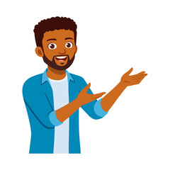 A smiling African American man presenting something with his hands in cartoon style
