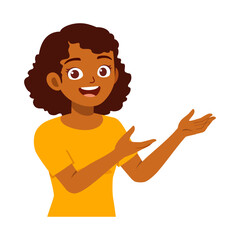 Happy African American Girl Presenting with Open Palms Cartoon Illustration