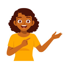 Happy African American Woman in Yellow T-Shirt Pointing with Finger and Showing with Hand Gesture