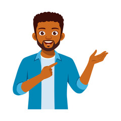 Happy African American Man Pointing and Presenting with Open Palm in Blue Shirt