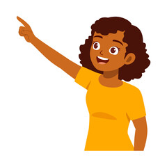 Cheerful African American Girl Pointing Upwards with a Smile in a Vector Illustration