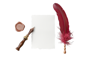 Blank parchment, quill, inkwell, and seal.  Top-down view of antique writing supplies