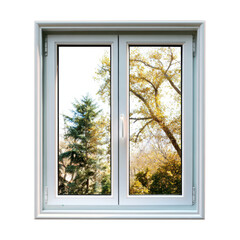 Fototapeta premium White framed window showing autumn trees and evergreen foliage image, Isolated On White, Png Transparent, Cut Out