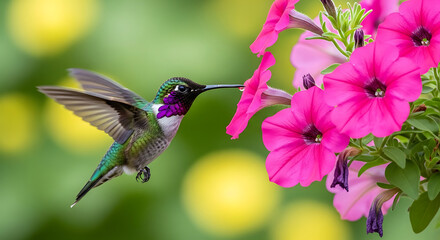 Fototapeta premium A beautiful male hummingbird with an iridescent purple throat hovers in mid-air while feeding on nectar from vibrant pink flowers.