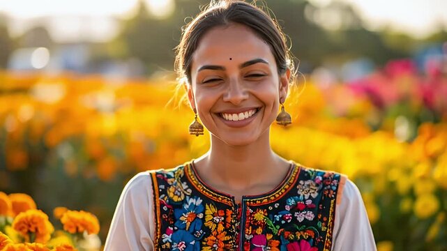 Woman smiling in flower field
