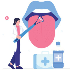Dental Care Illustration. Vector illustration of A dentist demonstrating proper tongue cleaning for better oral hygiene and fresh breath. Isolated on background