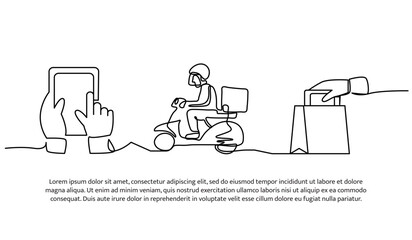 Continuous line design of online order delivered via courier. Single line decorative element drawn on white.