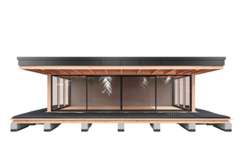 Modern wooden cabin with large glass facade