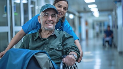 Veteran in wheelchair with nurse stock photo --ar 16:9 --raw --v 6 Job ID: affad4b9-7ea4-47ed-be85-fead0c7772f4