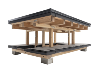 Cross-section of a roof structure showing wooden beams, insulation, and concrete base