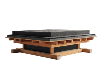 Roof section, dark gray insulation, light wood framing