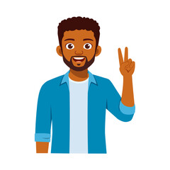 Happy African American Man Making Peace Sign with Smiling in Blue Shirt
