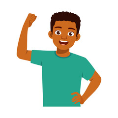 African American boy raising arm and smiling with a cheerful mood, isolated on white