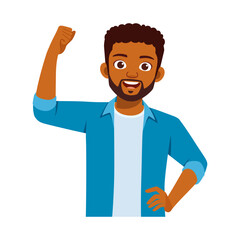 Happy African American Man Raising Arm in Celebration with a Cheerful Expression