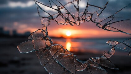 Shattered glass reveals a vibrant sunset over water