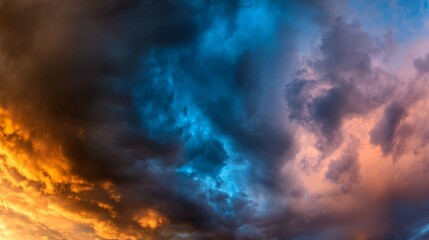 Obraz premium Dramatic sunrise and sunset sky with vibrant clouds, showcasing warm and cool color contrasts in a panoramic view. 