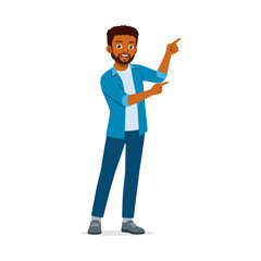 Cheerful African American man pointing up with both hands in casual wear