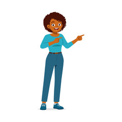 Cheerful African American Woman Pointing Sideways with a Smiling Expression on White Background