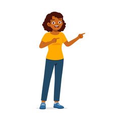 Happy African American Woman Smiling and Pointing Sideways with Her Fingers in Full Body