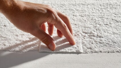 Hand feeling a white textured fabric sample