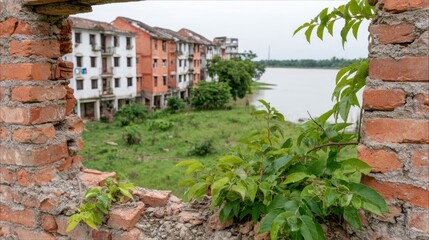 Fototapeta premium Overgrown vegetation frames a view of dilapidated buildings by a water body