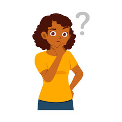 African American woman thinking with hand on chin and question mark, Vector Illustration