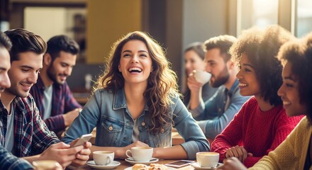 A group of young adults smiling and laughing together at a café, enjoying coffee, pastries, and conversation. The atmosphere looks bright and cheerful.