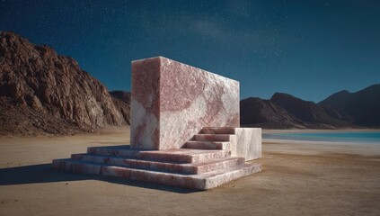 Pink stone steps/platform in desert landscape under starry night