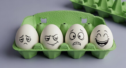 Creative still life of eggs with cartoon faces expressing different feelings, from happiness to sadness, symbolizing emotional diversity.